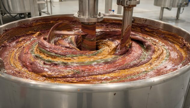 Medium shot focusing on a highviscosity dispersion tank vigorously mixing thick pigment pastes into dense liquid vehicles for homogeneous texture and rich pigment distribution.