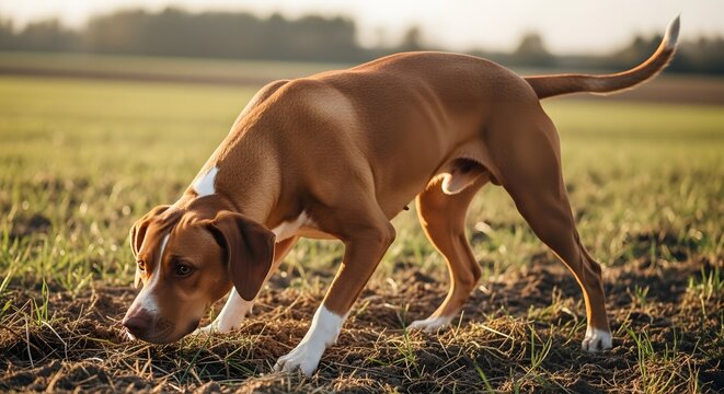 Brown dog sniffing the ground in a grassy field with warm outdoor lighting