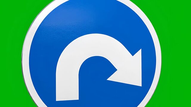 Blue UTurn Traffic Sign on Green Screen Background.
