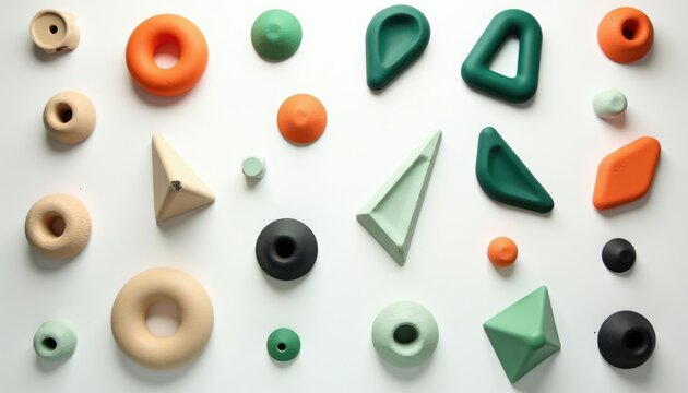 Various geometric climbing holds in different colors are arranged on a white surface. These are for indoor wall training, exercise, and strength building.