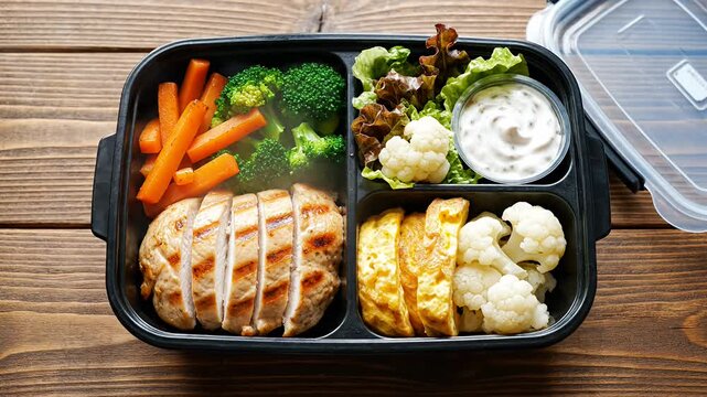 Healthy meal prep container with grilled chicken and vegetables