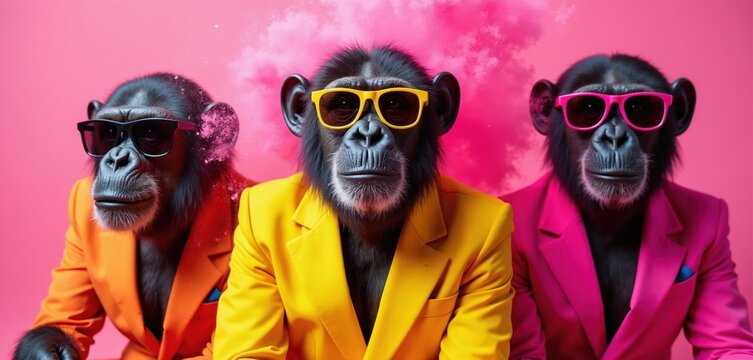 Three chimpanzees wear stylish suits and sunglasses against pink background with powder clouds. They look serious and cool, radiating urban, modern vibe. This image suits fashion or business themes.