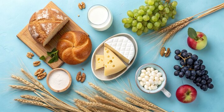 Shavuot holiday flat lay with bread cheese milk fruits and wheat on blue background