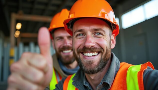 Two male construction workers smile and give thumbs up. They wear orange safety helmets and bright vests on a building site. Their positive attitude shows good teamwork and job pride.