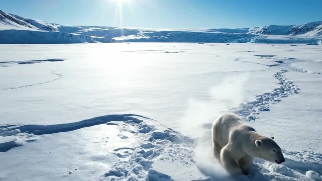 Majestic polar bear walks across arctic snow landscape