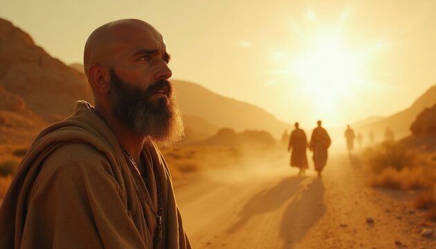 Man with beard kneels on dusty road, bathed in bright desert sunlight. Figures walk in distance under golden sky. Transformation scene, spiritual journey, ancient faith.