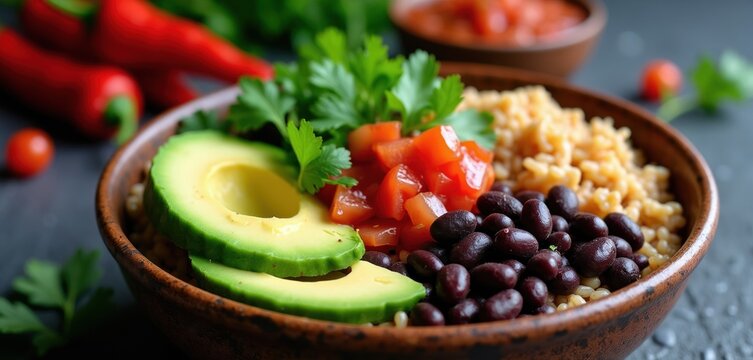 A brown rice and black bean bowl with sliced avocado, chopped tomatoes and fresh cilantro. Healthy vegetarian meal with chili peppers in background. Delicious vegan food.
