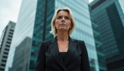 Fototapeta premium Woman in black suit looks up with determination. Modern skyscrapers loom behind her in city setting. She embodies strength, ambition. Professional female leader stands outdoors. She has blonde hair.