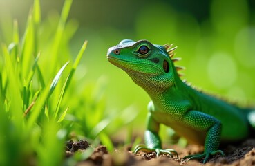Fototapeta premium Green lizard stands on soil near blades of grass. Small reptile with textured skin, spiky crest dark eyes. Animal waits, watches in natural outdoor environment. Bright sun illuminates jungle floor.