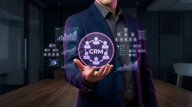 Businessman Hands Presenting Glowing Crm Interface Visualizing Collaboration and Customer Relationship Management