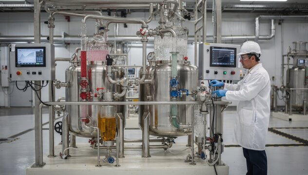 Medium shot of pilot scale azo dye synthesis setup capturing the transition phase from lab to production with advanced monitoring equipment and operator adjustments.