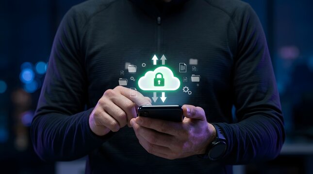 Businessman Hands Activating Secure Cloud App with Glowing Green and White Icon Representing Cybersecurity