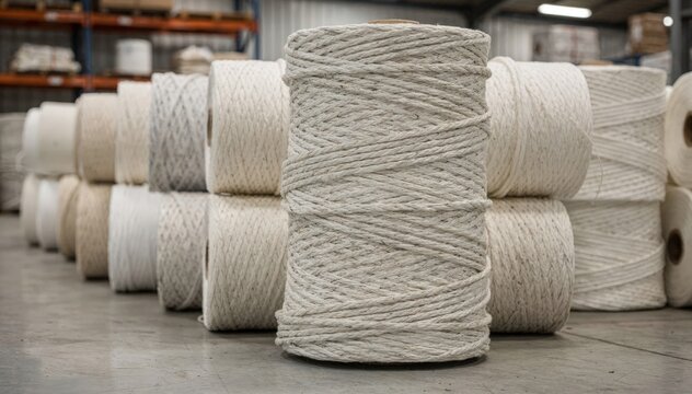 Medium shot of strong nylon yarn rolls stacked in a warehouse showcasing versatility for belts nets and maritime rope manufacturing.