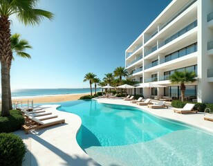 Fototapeta premium Modern white hotel sits by ocean beach with large turquoise pool. Palm trees surround luxury resort. Beach chairs wait near calm sea water on sunny day.