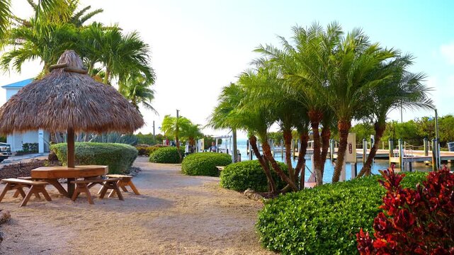Key West, USA, 9 April 2026: Tiki picnic area near marina and palms. Thatched picnic table beside palm trees, shrubs and marina docks in coastal Florida.