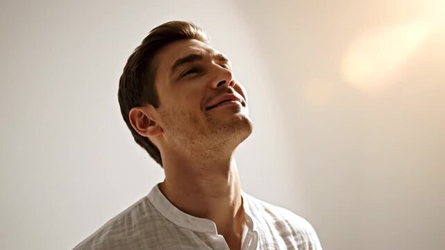 A man with a joyful expression looking upwards.