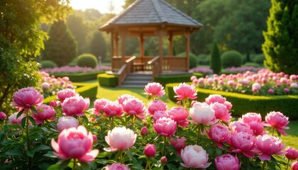 Naklejka premium Lush garden explodes with pink and white peonies in bloom. A wooden gazebo sits beyond manicured hedges, bathed in warm sunlight. Peaceful floral scenery offers tranquil escape.