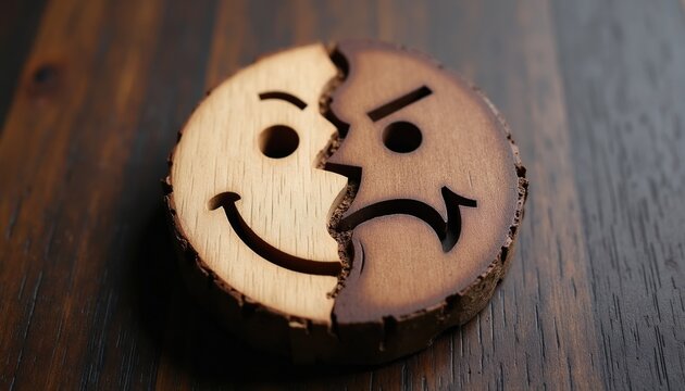 Split wooden disc shows happy and angry faces side by side. Symbolizes mood swings, emotional contrast, or duality of human feelings. Represents mental state changes and emotional balance.