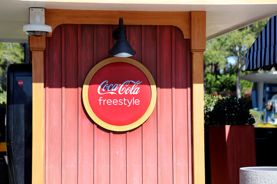 Coca-Cola Freestyle beverage stand outdoors. Background with copy space