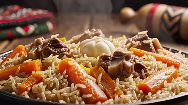 Delicious Central Asian Pilaf with Lamb and Carrots.