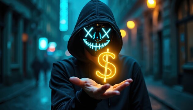 Person in dark hoodie wears glowing mask holding illuminated dollar symbol. Figure represents finance tech cyber crime online business. Concept shows digital economy money management risk. Future