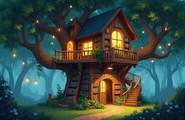 Naklejka premium Wooden treehouse library in forest at twilight. Fairytale house built on large tree with many books. Outdoor fairy lights glow softly illuminating magical outdoor reading nook for children and adults.