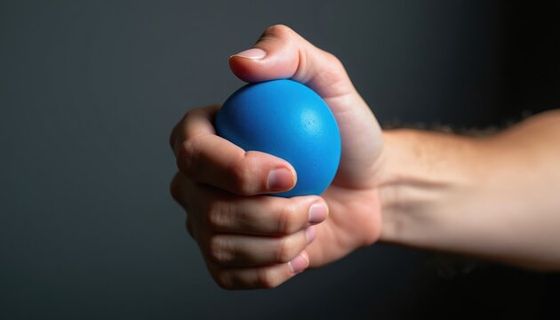 Hand grips blue stress ball, relieving tension. Focus on hand muscles and grip strength. A tool for mental health and emotional release therapy.