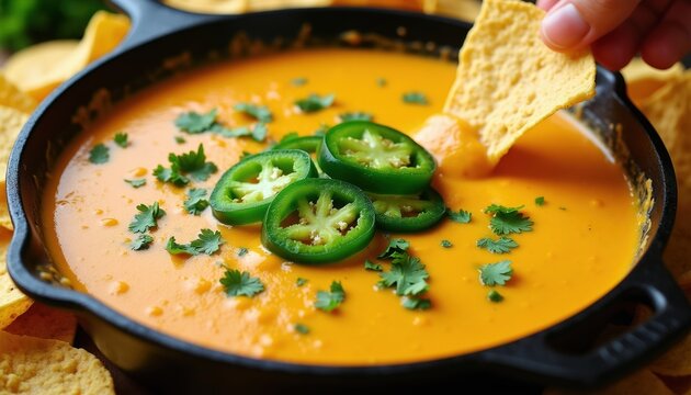 Hot cheese dip in cast iron skillet with jalapenos cilantro garnish. Tortilla chips ready for dipping in creamy melted cheese sauce. Delicious Mexican party appetizer, warm snack.