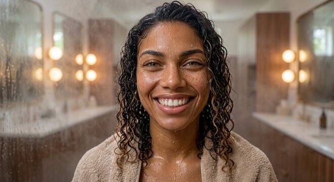 A young and beautiful black young woman, wearing a towel, smiles in the communal showers of a spa or gym. Her short, curly hair adds to her joyful and well-being vibe.