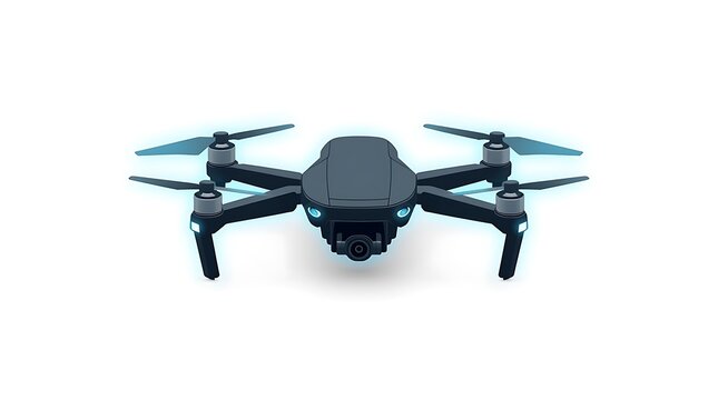 Futuristic quadcopter drone with camera and glowing blue lights, isolated on white