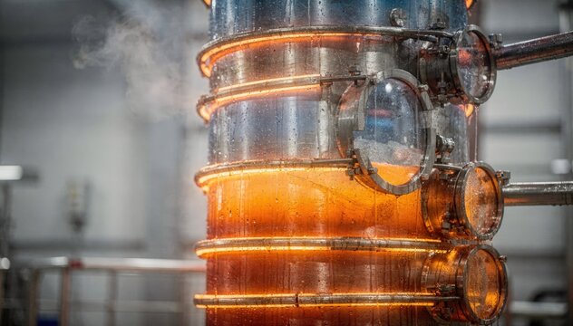 Focused medium shot of a heated distillation column segment with visible heating elements and transparent sight glasses revealing temperature gradients.