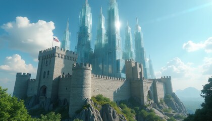 Ancient stone castle with futuristic glass towers. Hybrid architecture blends old fortress with modern skyscrapers. Fantasy structure on rocky hill under blue sky. Unique design concept.