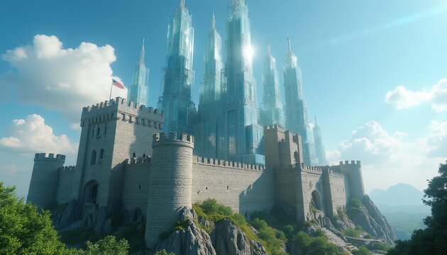 Ancient stone castle with futuristic glass towers. Hybrid architecture blends old fortress with modern skyscrapers. Fantasy structure on rocky hill under blue sky. Unique design concept.