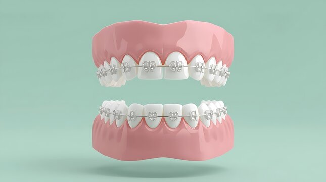 Realistic 3D Render of Upper and Lower Jaw Teeth with Metal Braces