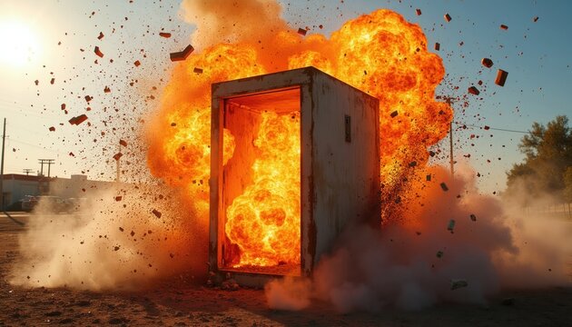 Outdoor daytime scene shows electrical box exploding with bright orange flames erupting outwards. Debris and smoke fill the air from the intense blast and destruction.