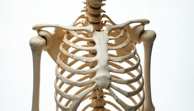 Human skeleton rib cage and upper body bones isolated on white. Shows detailed thoracic structure including ribs sternum and shoulder joints.