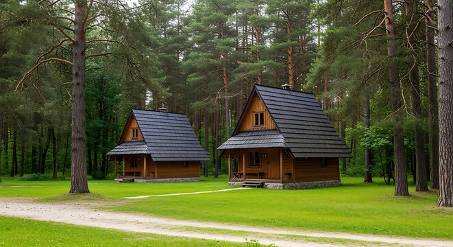 Two rustic wooden cabins with dark roofs in a forest clearing