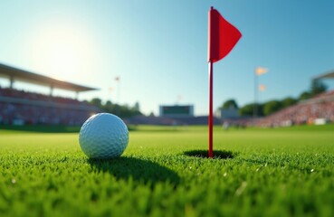 Obraz premium Golf ball rests on green grass near hole and red flag. Stadium seating with spectators in background under bright sun. Close-up view of sport competition.