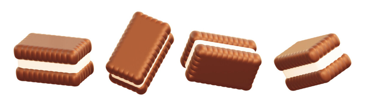 3D biscuit sandwich cookies with cream filling set in different views. Glossy minimal style. Isolated png for sweet snack, dessert product and bakery concept