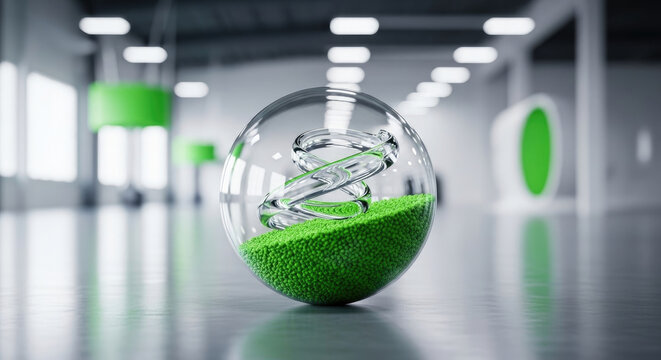 Futuristic glass sphere containing vibrant green beads and a clear spiral set in a modern interior