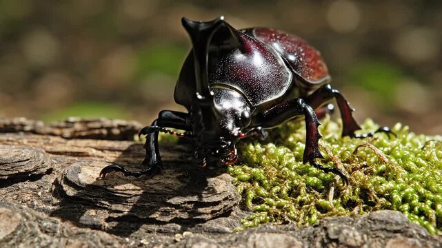 Majestic Rhinoceros Beetle Navigates Fallen Log