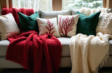 Fototapeta premium Cozy couch with knit blankets and pillows in red green and cream. Festive winter home decor with snowflake pattern cushion detail. Soft furnishings for comfortable atmosphere.