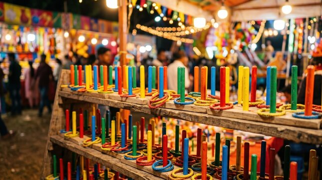 Medium frame capturing brightly painted ring toss sets stacked on shelves highlighting vibrant colors with a festive fair ambiance softly blurred behind.