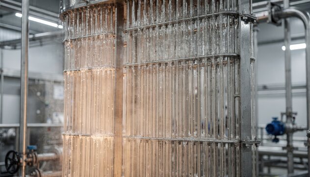 Medium shot capturing a fallingfilm evaporator concentrating borates showing thin liquid films flowing down heated vertical surfaces in a modern processing facility.