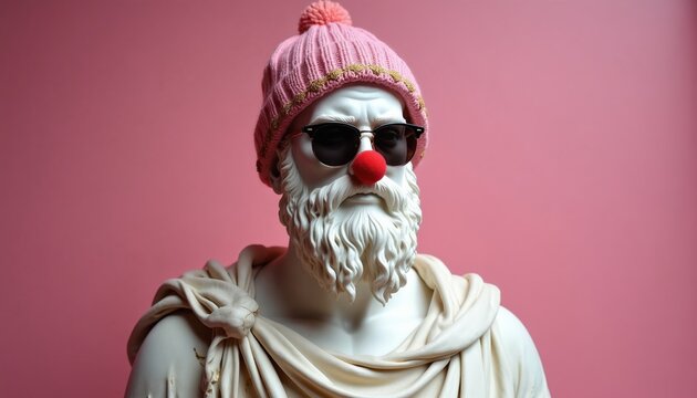 Marble statue head wears pink beanie sunglasses red clown nose. Bearded figure stands against plain pink background. Playful art installation evokes humor and modern style.
