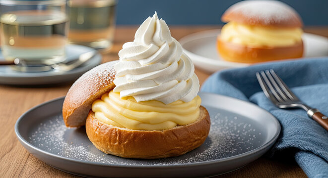 Delicious Semla pastry with whipped cream and almond paste on a plate with two glasses of drink