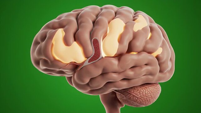 Museum Quality Anatomical CGI of Human Brainstem and Midbrain with Detailed Neural Structures on Green Background