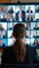 Naklejka premium Woman in suit watches video conference on large screen with many people. Business team connects remotely for online meeting and strategy discussion, remote teamwork.
