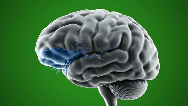 Photorealistic 3D Visualization of Human Brain Exhibiting Hydrocephalus with Enlarged Ventricles on Vibrant Green Background