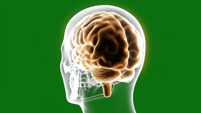 Photorealistic 3D Volume Rendered Human Skull With Visible Brain Structures Against Green Background